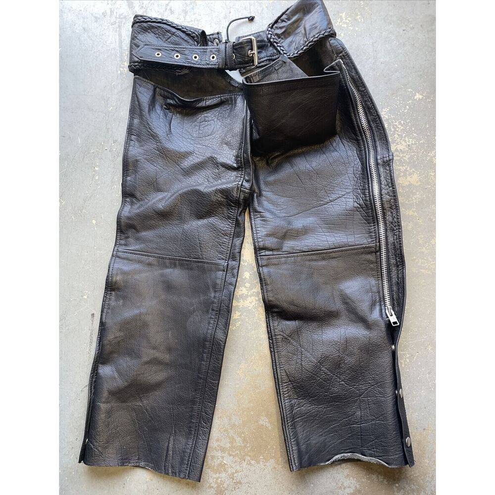 Hot Leathers Unisex Top Grain‎ Black Leather Braided Trim Chaps Sz Small